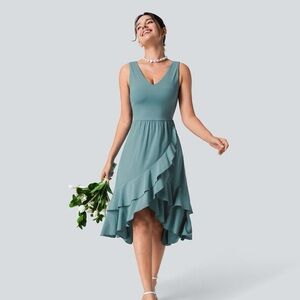 HALARA Breezeful Ruffled Stone Blue High Low Dress With Open Back Teal